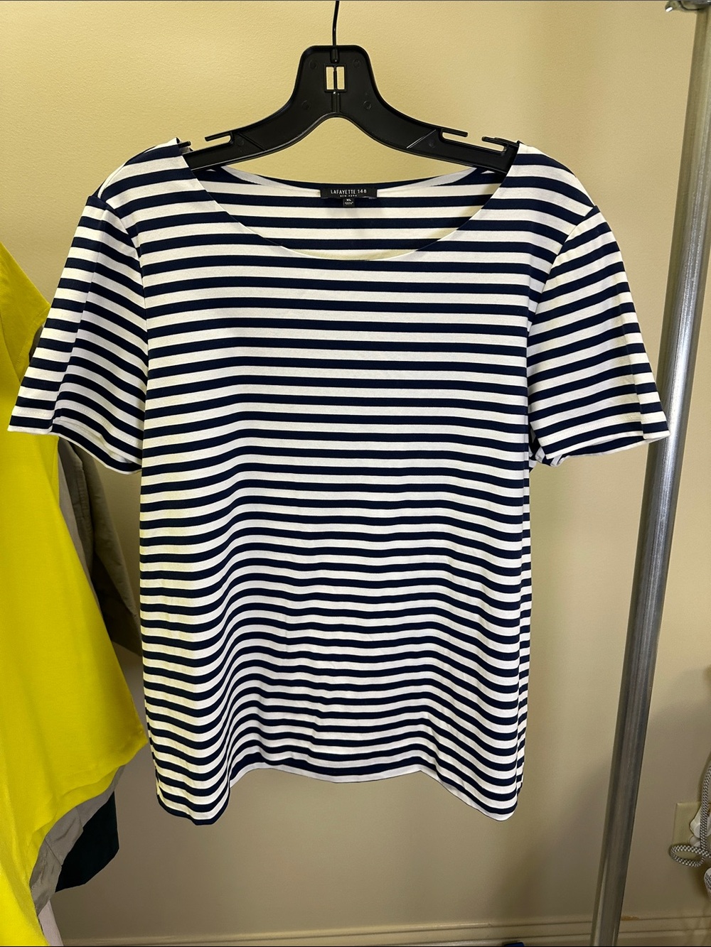 Lafayette 148 New York Navy & White Striped Short Sleeve Top